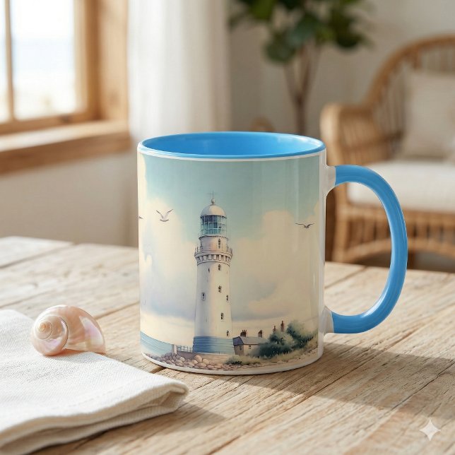 Coastal Lighthouse Seagulls Pastel Sky Serenity Mug (Coastal Lighthouse Seagulls Pastel Sky Serenity Mug On Kitchen Counter)