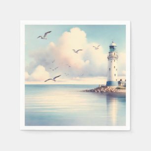 Coastal Lighthouse Seagulls Pastel Sky Serenity Napkins