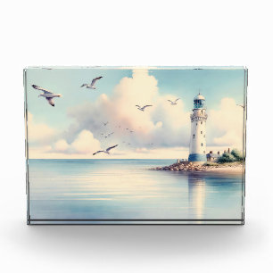 Coastal Lighthouse Seagulls Pastel Sky Serenity Photo Block