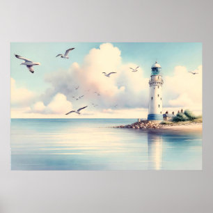 Coastal Lighthouse Seagulls Pastel Sky Serenity Poster