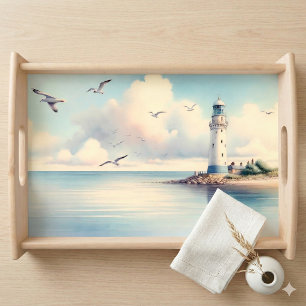 Coastal Lighthouse Seagulls Pastel Sky Serenity Serving Tray