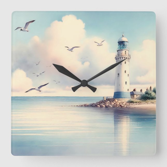 Coastal Lighthouse Seagulls Pastel Sky Serenity Square Wall Clock (Front)