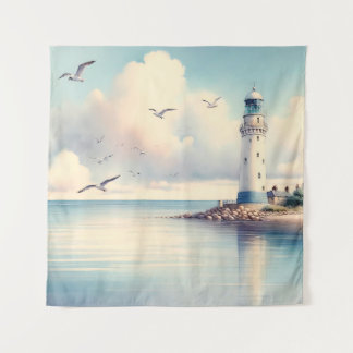 Coastal Lighthouse Seagulls Pastel Sky Serenity Tapestry