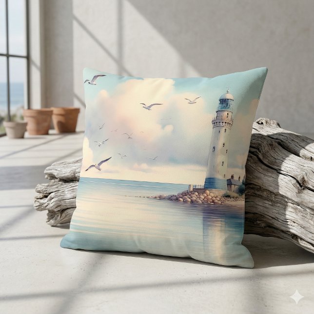 Coastal Lighthouse Seagulls Pastel Sky Serenity Throw Pillow (Coastal Lighthouse Seagulls Pastel Sky Serenity Throw Pillow Against Driftwood Log)