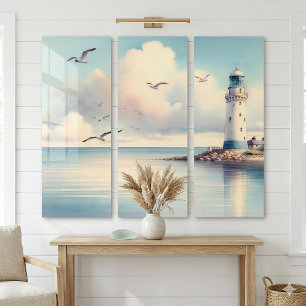 Coastal Lighthouse Seagulls Pastel Sky Serenity Triptych