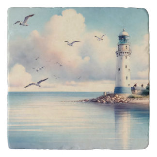 Coastal Lighthouse Seagulls Pastel Sky Serenity Trivet