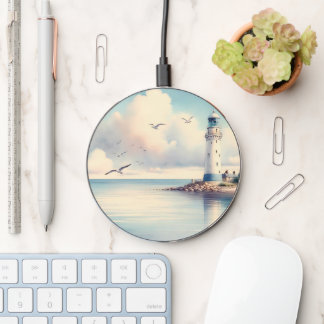 Coastal Lighthouse Seagulls Pastel Sky Serenity Wireless Charger