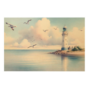 Coastal Lighthouse Seagulls Pastel Sky Serenity Wood Wall Art