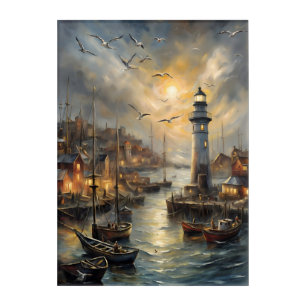 Coastal Lighthouse & Seaside Village Sunset Acrylic Print