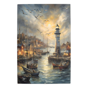 Coastal Lighthouse & Seaside Village Sunset Art