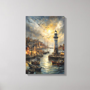 Coastal Lighthouse & Seaside Village Sunset Art Canvas Print