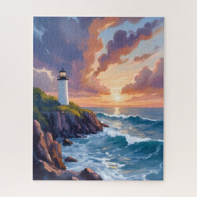 Coastal Lighthouse Sunset | Beach Ocean Painting Jigsaw Puzzle (Vertical)