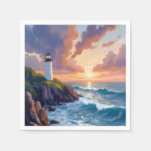 Coastal Lighthouse Sunset   Beach Ocean Painting Napkins