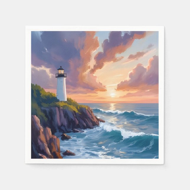 Coastal Lighthouse Sunset | Beach Ocean Painting Napkins (Front)