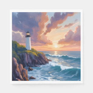 Coastal Lighthouse Sunset Beach Ocean Painting Napkins