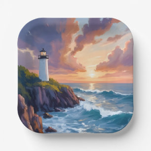 Coastal Lighthouse Sunset   Beach Ocean Painting Paper Plates