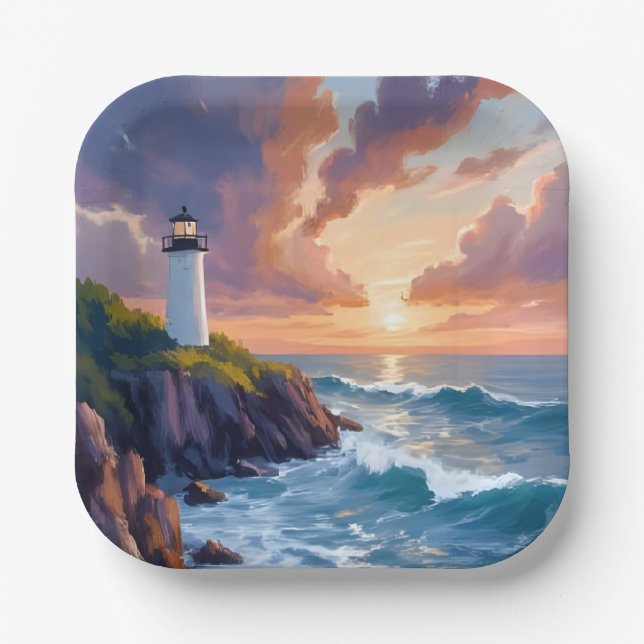 Coastal Lighthouse Sunset | Beach Ocean Painting Paper Plates (Front)