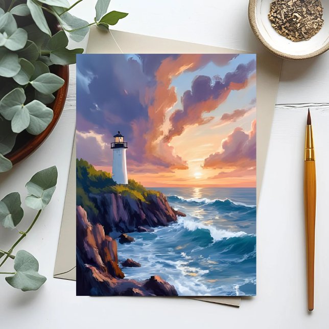 Coastal Lighthouse Sunset | Beach Ocean Painting Postcard (Creator Uploaded)