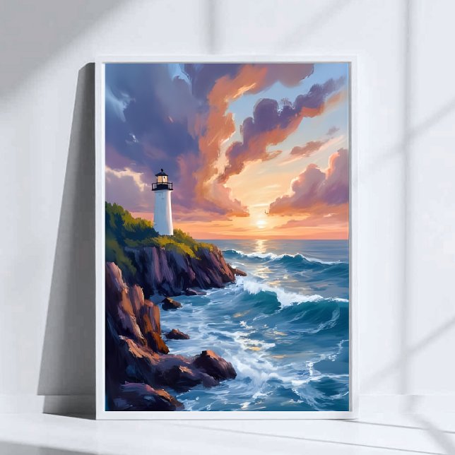 Coastal Lighthouse Sunset | Beach Ocean Painting Poster (Creator Uploaded)