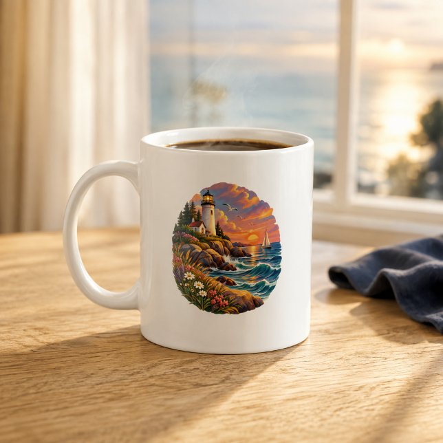 Coastal Lighthouse Sunset Ocean Art Mug (Creator Uploaded)