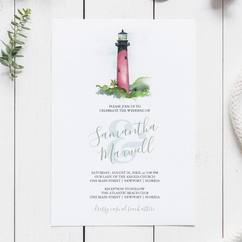 Coastal Lighthouse Watercolor Wedding Invitation