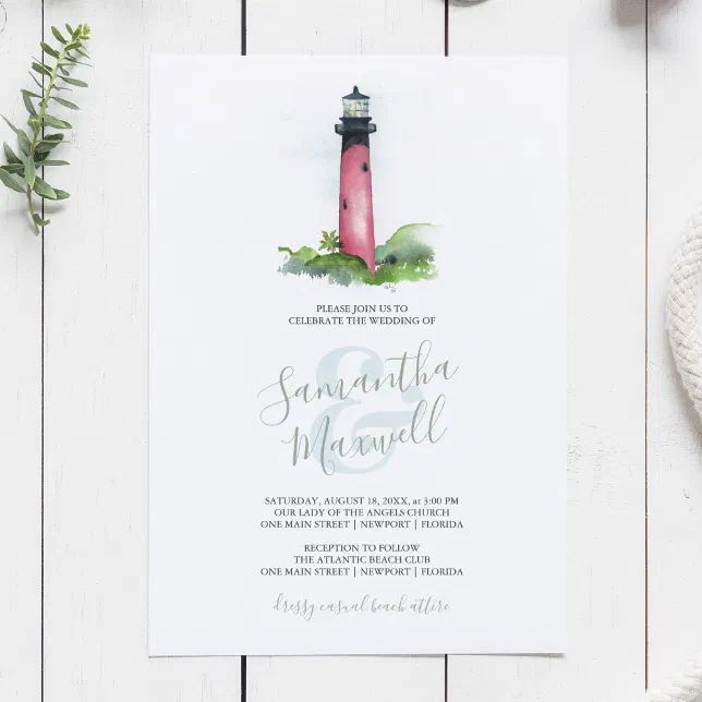 Coastal Lighthouse Watercolor Wedding Invitation | Zazzle