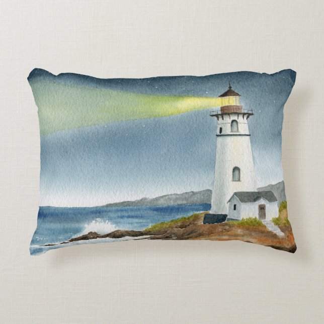 Coastal Lighthouse with Light Beam Postcard Accent Pillow (Front)