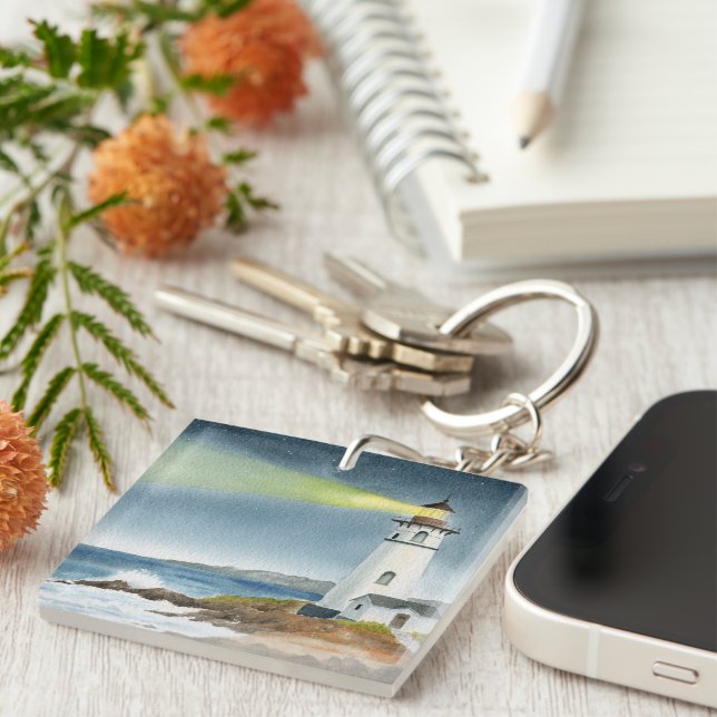 Coastal Lighthouse with Light Beam Postcard Keychain (Front Right)