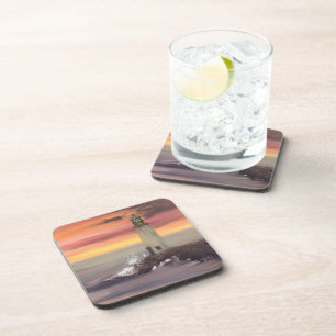 Coastal Lighthouse With Pink And Orange Sky Beverage Coaster