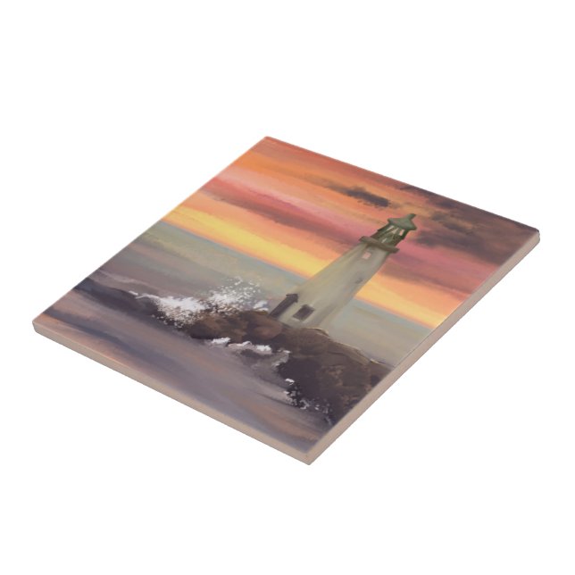 Coastal Lighthouse With Pink And Orange Sky Ceramic Tile (Side)