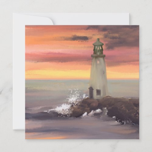 Coastal Lighthouse With Pink And Orange Sky Holiday Card