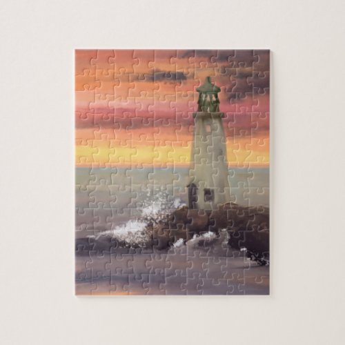 Coastal Lighthouse With Pink And Orange Sky Jigsaw Puzzle