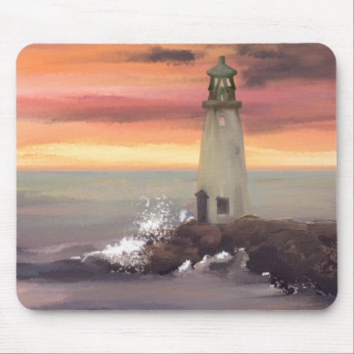 Coastal Lighthouse With Pink And Orange Sky Mouse Pad