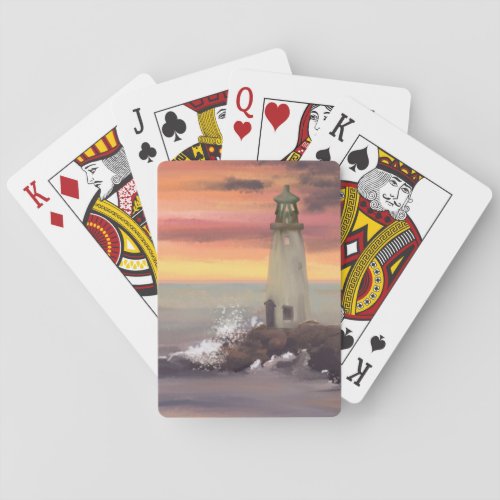 Coastal Lighthouse With Pink And Orange Sky Poker Cards