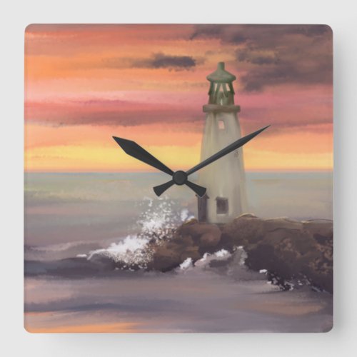 Coastal Lighthouse With Pink And Orange Sky Square Wall Clock