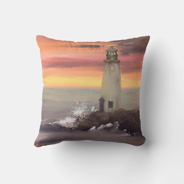 Coastal Lighthouse With Pink And Orange Sky Throw Pillow (Back)