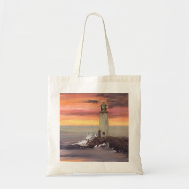 Coastal Lighthouse With Pink And Orange Sky Tote Bag (Front)