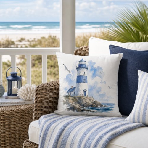 Coastal Living Lighthouse Blue on White  Outdoor Pillow