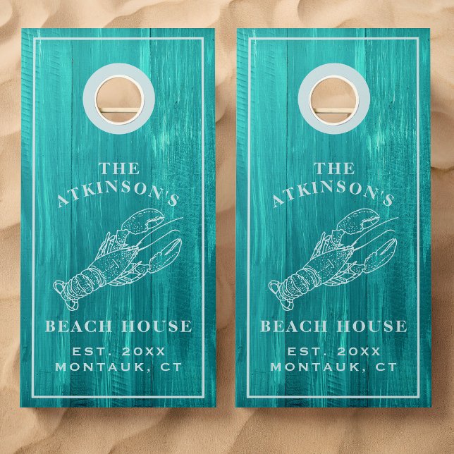 Coastal Lobster Beach House Teal Wood Family Name Cornhole Set (Creator Uploaded)