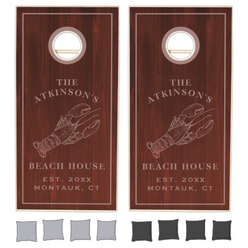 Coastal Lobster Beach House Wood Family Name Cornhole Set