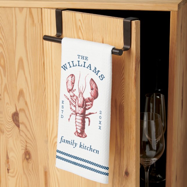 Coastal Lobster Family Name Kitchen Towels (Thirds Fold)