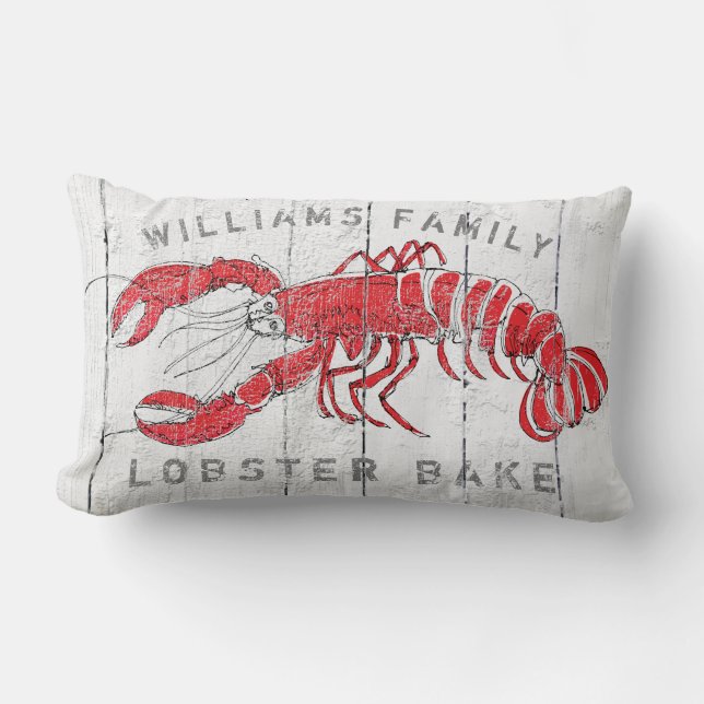 Coastal Lobster Family Name Lobster Bake Rustic Lumbar Pillow (Front)