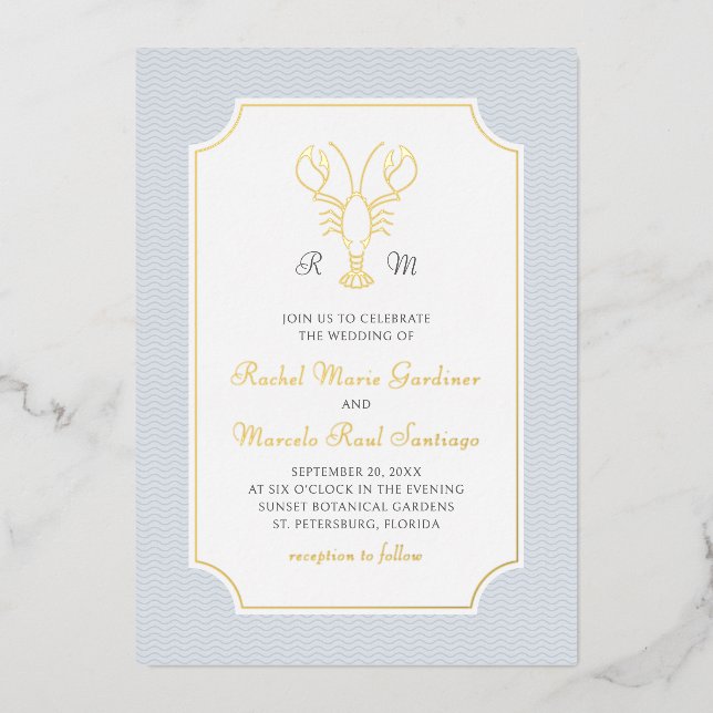 Coastal Lobster Minimalist Preppy Wedding Foil Invitation (Front)