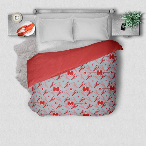 Coastal Lobster  Monogram Pattern  Red  Blue Duvet Cover