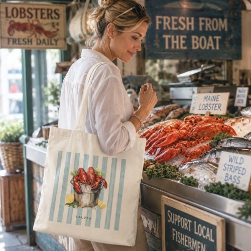 Coastal Lobster Nautical Blue Stripes with Name Tote Bag