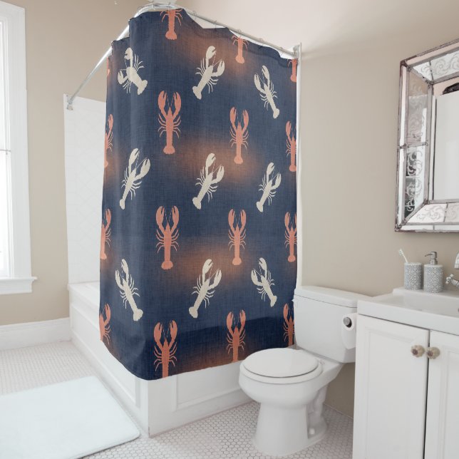 Coastal Lobster Pattern – Nautical Seafood Summer  Shower Curtain (In Situ)
