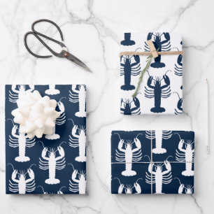 Coastal Lobster Pattern Navy Blue and White Wrapping Paper Sheets