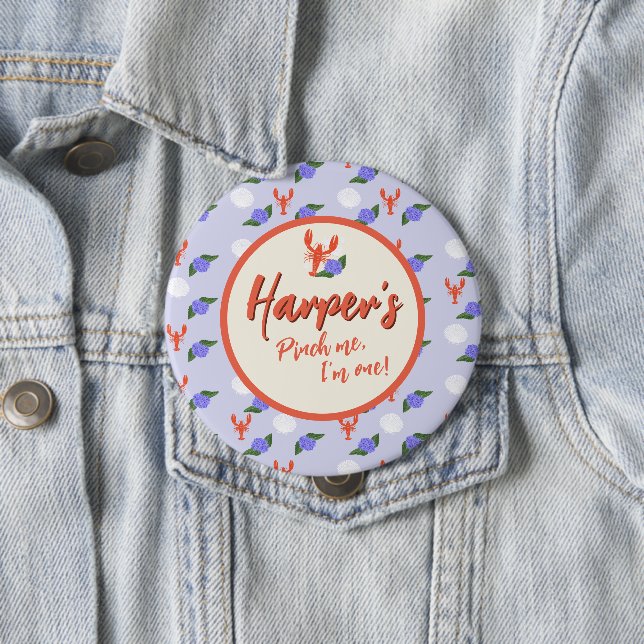 Coastal Lobster Pinch Me First Birthday Button (In Situ)