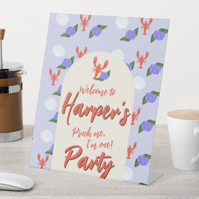Coastal Lobster Pinch Me First Birthday Pedestal Sign (In SItu)
