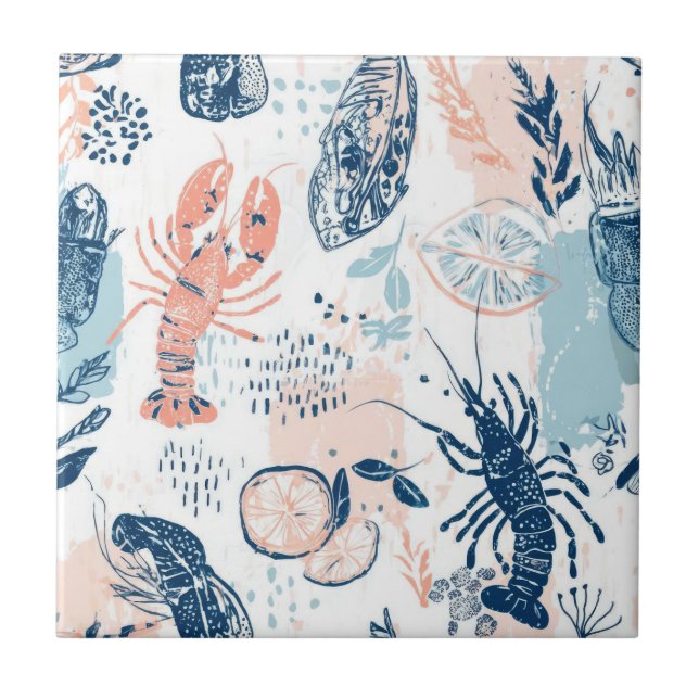 Coastal Lobster Seafood Blue Peach Nautical Ceramic Tile (Front)